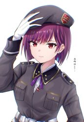 1girl absurdres beret earrings gloves hat heaven_burns_red highres jewelry looking_at_viewer military_hat purple_hair red_eyes rrtp short_hair smile tezuka_saki white_gloves