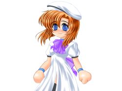 1girl beret black_thighhighs blue_eyes bow bowtie bracelet breasts closed_mouth dress empty_eyes eyes_visible_through_hair game_cg hair_between_eyes hat higurashi_no_naku_koro_ni jewelry large_variant_set light_smile medium_breasts multiple_bracelets no_nose orange_hair parted_bangs purple_bow purple_bowtie ryukishi07 ryuuguu_rena short_hair short_sleeves slit_pupils thighhighs variant_set white_dress white_hat