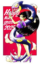 1girl 2025 absurdres boa_hancock closed_mouth cup dwalkn earrings fangs floating_hair full_body gen_3_pokemon happy_new_year high_heels highres holding holding_cup jewelry looking_back new_year nintendo one_piece pokemon pokemon_(creature) purple_shoes red_background seviper shoes smoke snake_earrings sugimori_ken_(style)