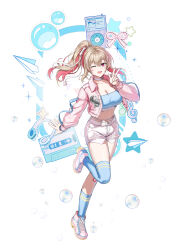 1girl absurdres blue_shirt blue_socks blue_thighhighs breasts brown_hair choker cleavage closers collared_jacket crop_top exposed_pocket full_body hand_up highres jacket kneehighs large_breasts leg_up long_hair long_sleeves looking_at_viewer midriff multicolored_hair navel official_art one_eye_closed open_clothes open_jacket open_mouth pink_eyes pink_jacket pink_shoes ponytail red_hair shirt shoes short_shorts shorts single_kneehigh single_sock single_thighhigh smile socks solo thighhighs thighs torn_clothes torn_shorts two-tone_hair w white_choker white_shorts yoon_ria_(closers)