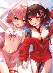 Rule 34 | 2girls, @ @, adapted costume, ahoge, alternate costume, bad id, bad twitter id, bandaid, bandaid hair ornament, bed sheet, blush, bow, bowtie, breast pocket, breasts, brown necktie, bu leike, cat hair ornament, cleavage, collarbone, crop top, fang, gradient hair, green eyes, hair ornament, highres, holding hands, hololive, large breasts, long sleeves, looking at viewer, lying, mechanical arms, mechanical legs, medium breasts, multicolored hair, multiple girls, navel, necktie, official alternate costume, on back, on bed, open mouth, partially open jacket, partially unzipped, pink hair, pocket, red bow, red bowtie, red hood, roboco-san, sakura miko, sakura miko (school uniform), sheet grab, shirt, short hair, skin fang, skindentation, sleeveless, sleeveless shirt, sunlight, thigh strap, thighs, virtual youtuber, white shirt, x hair ornament, yellow eyes, zipper, zipper pull tab