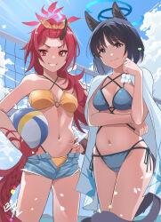 Rule 34 | 2girls, absurdres, animal ears, bakeneko, ball, beachball, bikini, bikini under shorts, black tail, blue archive, blue bikini, blue halo, blue haori, blue tail, cat ears, cat girl, cat tail, colored inner animal ears, criss-cross straps, denim, denim shorts, dragon girl, dragon horn, dragon tail, gradient tail, hairband, halo, haori, highres, holding, holding ball, holding beachball, horns, japanese clothes, kikyou (blue archive), kikyou (swimsuit) (blue archive), layered bikini, looking at viewer, multiple girls, multiple tails, nikulas cage, o-ring, o-ring bikini, open clothes, open shorts, orange hairband, red eyes, red hair, red tail, renge (blue archive), renge (swimsuit) (blue archive), shorts, single horn, smile, swimsuit, tail, two tails, white haori, yellow bikini