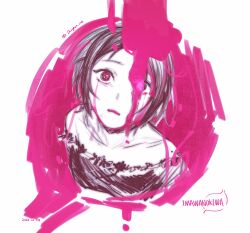 1girl black_dress black_eyes black_hair chinese_commentary colored_tears commentary_request cropped_torso crying crying_with_eyes_open dated dress frown highres imawa-san_(iyowa) imawanokiwa_(vocaloid) iyowa_girls jiyuuu_(liye8049) looking_at_viewer looking_up multicolored_eyes off-shoulder_dress off_shoulder open_mouth pink_background pink_eyes pink_tongue short_hair solo song_name tears upper_body white_background