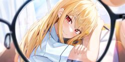 Rule 34 | 1girl, absurdres, ahoge, arch a4, blonde hair, blurry, blush, collared shirt, crossed arms, curtains, desk, glasses, hair between eyes, hair ornament, highres, holding, holding pen, jingburger, long hair, looking at viewer, looking to the side, notebook, pen, pov, red eyes, school desk, school uniform, shirt, sitting, smile, solo focus, triangle hair ornament, virtual youtuber, waktaverse, white shirt