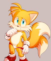 1boy animal_ears animal_nose artist_name blue_eyes blush dandi fox fox_ears fox_tail furry furry_male gloves highres looking_at_viewer male_focus male_underwear male_underwear_pull red_male_underwear red_shoes sega shoes shota sneakers solo sonic_(series) tail tails_(sonic) underwear unsure white_gloves