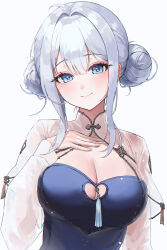 Rule 34 | 1girl, absurdres, ahoge, bbeedol, blue eyes, breasts, center opening, chinese clothes, cleavage, closed mouth, clothing cutout, commission, double bun, dress, framed breasts, hair bun, hand on own chest, hand up, heart cutout, highres, large breasts, long hair, long sleeves, looking at viewer, original, pixiv commission, see-through clothes, see-through dress, see-through sleeves, sidelocks, simple background, smile, solo, strapless, tassel, tube top, upper body, white background, white dress, white hair