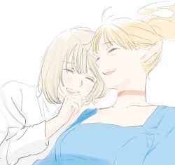 2girls blonde_hair blue_dress blush closed_eyes dress dungeon_meshi elf falin_touden falin_touden_(tallman) frs2 jewelry laughing marcille_donato multiple_girls necklace pointy_ears ponytail sketch smile white_dress