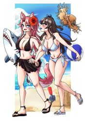 alternate_costume animal_ears ball beach beachball blue_eyes brown_hair ceri_(sakura_dungeon) commission commissioner_upload cottonswab336 dating fox_ears fox_tail green_eyes highres locked_arms non-web_source pink_hair sakura_dungeon sweat swimsuit tail walking yomi_(sakura_dungeon) yuri