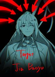 1boy arrow_(symbol) closed_mouth coat collared_shirt eipenor english_text gameplay_mechanics heterochromia high_ponytail highres hong_lu_(project_moon) lapels limbus_company limited_palette long_hair looking_up male_focus necktie notched_lapels polearm ponytail project_moon shirt solo upper_body vest weapon