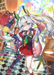 Rule 34 | 2girls, bare shoulders, black shoes, black socks, black visor, blue eyes, blue jacket, breasts, clenched teeth, copyright notice, dragon musume ni naritakunai!, duel masters, green necktie, green ribbon, grey hair, gun, hair ornament, hair ribbon, hairpin, high ponytail, holding, holding gun, holding paintbrush, holding weapon, indoors, jacket, jurako ljuba, ladder, long hair, looking at viewer, multicolored eyes, multicolored jacket, multicolored shirt, multiple girls, necktie, official art, one eye closed, open clothes, open jacket, open mouth, paint gun, paint on clothes, paint stains, paintbrush, painting (action), pink jacket, pleated skirt, ponytail, red shoes, red skirt, ribbon, saitou naoki, shirt, shoes, single leg pantyhose, skirt, sleeveless, sleeveless shirt, socks, stepladder, sukune maron, teeth, twintails, upper teeth only, v, weapon, white jacket, yellow necktie, yellow ribbon, yellow skirt
