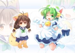 2girls ahoge animal_hat antenna_hair apron blue_dress brown_eyes brown_hair cat_hat dejiko di_gi_charat dress fang gema green_eyes green_hair green_neckerchief hat highres kneeling kso mittens multiple_girls neckerchief one_eye_closed paw_pose puchiko shirt white_apron white_mittens white_shirt zoom_layer
