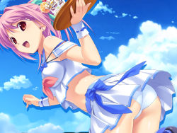 10s 1girl ass bow cloud crop_top crop_top_overhang day female_focus food hinata_hanabi koutaro looking_back midriff navel open_mouth panties pantyshot parfait pink_hair red_eyes roller_skates shiny_skin skates skirt sky solo tray tropical_kiss underwear upskirt waitress