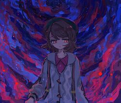 1girl blue_background brown_bag brown_hair cable_knit cardigan dress gloria_(pokemon) green_hat grey_cardigan hat highres hood hooded_cardigan horimhkw11 nintendo pink_dress pokemon pokemon_swsh red_background red_eyes solo tam_o&#039;_shanter