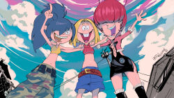 3girls absurdres belt blonde_hair blue_hair cartoon_network ed_edd_n_eddy highres lee_kanker marie_kanker may_kanker multiple_girls orange_hair pants relusionh smile snk tank_top the_king_of_fighters the_king_of_fighters_xiv the_king_of_fighters_xv toon_(style)