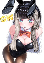 1girl :o alternate_costume animal_ears armpit_crease arms_behind_back black_hair black_leotard blue_eyes blunt_bangs blunt_sidelocks blush bow bowtie breasts brown_pantyhose cleavage commentary cowboy_shot detached_collar eyelashes fake_animal_ears fake_tail grey_hair highres hololive hololive_dev_is juufuutei_raden leaning_forward leotard long_hair looking_at_viewer medium_breasts multicolored_hair open_mouth pantyhose playboy_bunny rabbit_ears rabbit_tail red_bow red_bowtie sidelocks simple_background solo standing straight_hair strapless strapless_leotard suzuka_(suzukawu) tail thigh_gap traditional_bowtie two-tone_hair virtual_youtuber white_background wing_collar