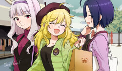 3girls :d ahoge bag beret black_shirt black_vest blonde_hair brown_hat cardigan closed_mouth english_text facing_another gradient_hair green_cardigan green_nails grey_hair hair_intakes hairband hat highres holding holding_bag hoshii_miki idolmaster idolmaster_(classic) jacket long_hair long_sleeves looking_at_viewer miura_azusa multicolored_hair multiple_girls naruse_ill open_cardigan open_clothes open_mouth outdoors parted_bangs pink_eyes pink_hair pink_jacket pink_nails pink_sweater purple_hair purple_hairband shijou_takane shirt shopping_bag short_hair shoulder_bag smile split_mouth striped_cardigan sweater turtleneck turtleneck_sweater two-tone_hair vest white_bag