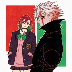 Rule 34 | 1boy, 1girl, ayase momo, black jacket, blue bow, blue bowtie, blue jacket, bow, bowtie, brown eyes, brown hair, collarbone, collared shirt, commentary, cowboy shot, dandadan, earrings, facial mark, from side, gakuran, glasses, gradient hair, hair between eyes, hands in pockets, jacket, jewelry, k ysd001, long sleeves, looking at viewer, loose bowtie, miniskirt, multicolored hair, open clothes, open jacket, parted lips, pink sweater, pleated skirt, red eyes, round eyewear, school uniform, shirt, short hair, skirt, sweater, symbol-only commentary, takakura ken (dandadan), takakura ken (transformed) (dandadan), transformation, upper body, white hair, white shirt