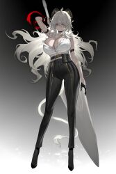 1girl absurdres arm_strap arm_up bare_shoulders black_choker black_gloves black_horns black_pants black_shoes breasts choker closed_mouth collarbone commentary curled_horns earrings full_body gloves gradient_background greatsword hair_between_eyes high-waist_pants highres holding holding_behind_back holding_sword holding_sword_behind_back holding_weapon holding_weapon_behind_back horns horz jewelry key_earrings large_breasts long_hair looking_at_viewer necktie necktie_around_wrists pants red_eyes red_necktie shirt shoes solo sword tail tight_clothes tight_pants torn_clothes torn_shirt very_long_hair weapon white_hair white_shirt wuthering_waves zani_(wuthering_waves)