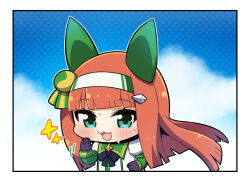 1girl :3 :d animal_ears blue_sky blunt_bangs blunt_ends blunt_sidelocks blush border cloud collared_shirt commentary_request contrast_collar day ear_covers gloves green_eyes horse_ears horse_girl long_hair long_sleeves looking_at_viewer open_mouth orange_hair outdoors outline plover purple_gloves running shirt sidelocks silence_suzuka_(umamusume) sky smile solo sparkle sweat umamusume upper_body white_border white_outline white_shirt