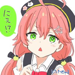 1girl :&lt; ahoge beret black_bow black_hat blush bow collared_shirt commentary_request green_eyes hair_between_eyes hair_bow hair_ornament hairclip hat highres hololive kiritoma looking_at_viewer low_twintails parted_lips pink_hair red_bow sakura_miko sakura_miko_(casual) shirt simple_background solo suspenders translation_request triangle_mouth twintails upper_body virtual_youtuber white_background white_shirt