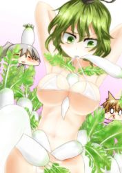 0_0 3girls =_= between_breasts bikini bikini_top_only blood blush breasts brown_hair crossed_legs daikon dress female_focus food food_on_head green_dress green_hair grey_hair hat micro_bikini mononobe_no_futo mouth_hold multiple_girls navel nosebleed object_on_head radish short_hair sitting soga_no_tojiko swimsuit takorice tate_eboshi touhou toyosatomimi_no_miko