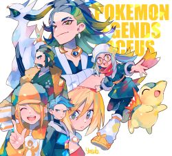3boys 3girls :d adaman_(pokemon) akari_(pokemon) arceus bespectacled black_pantyhose black_shirt blonde_hair blue_hair bright_pupils closed_mouth commentary_request copyright_name creatures_(company) cyllene_(pokemon) cyndaquil eyebrow_cut eyelashes facial_hair fur_trim game_freak gen_2_pokemon gen_4_pokemon glasses green_hair grey_hair grey_jacket grey_skirt hair_between_eyes hand_up hat headscarf highres irida_(pokemon) jacket japanese_clothes jewelry kamado_(pokemon) kimono legendary_pokemon long_hair loose_socks multicolored_hair multiple_boys multiple_girls mustache mythical_pokemon neck_ring nintendo open_mouth orange_eyes orange_headwear pantyhose pokemon pokemon_(creature) pokemon_legends:_arceus ponytail red-framed_eyewear round_eyewear shirt shoes short_hair sidelocks signature skirt smile socks spread_fingers teeth tongue upper_teeth_only volo_(pokemon) white_background white_headscarf white_headwear white_legwear white_pupils yasubaru yellow_shoes