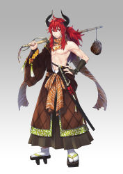 1boy bad_id bad_pixiv_id black_gloves brown_hakama brown_scarf food food-themed_clothes food_fantasy full_body geta gloves hakama hakama_skirt highres holding holding_sword holding_weapon hook horns japanese_clothes jewelry long_hair magatama male_focus navel necklace noixen over_shoulder ponytail red_eyes red_hair scar scar_on_face scarf sheath sheathed sidelocks single_glove skirt solo steak steak_(food_fantasy) sword tassel weapon white_legwear wide_sleeves