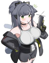1girl :o absurdres animal_ears arknights bare_shoulders black_choker black_gloves black_hair black_shorts blush breasts bright_pupils choker cleavage collarbone colored_inner_hair cowboy_shot gloves green_eyes grey_tail grey_thighhighs gun handgun highres holding holding_gun holding_weapon jessica_(arknights) large_breasts long_hair long_sleeves multicolored_hair notice_lines off_shoulder open_mouth shorts simple_background sleeveless solo spam_(spamham4506) standing tail thighhighs trigger_discipline weapon white_background white_pupils yellow_gloves