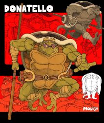 Rule 34 | 1boy, aged down, arm wrap, aten man, bandages, barefoot, belt, bo staff, broad shoulders, character name, clenched teeth, colored skin, donatello (tmnt), eye mask, fewer digits, frown, full body, goggles, goggles on head, green skin, highres, holding, holding staff, leg wrap, male focus, multiple views, muscular, muscular male, ninja, open mouth, outstretched arm, outstretched hand, purple mask, redesign, single letter, smile, staff, tail, teenage mutant ninja turtles, teeth, turtle boy, turtle shell, v-shaped eyebrows, wide back