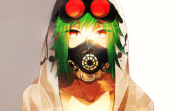 1girl collar collarbone female_focus gas_mask goggles goggles_on_head green_hair gumi hood hoodie kyama looking_at_viewer mask portrait red_eyes respirator short_hair solo vocaloid