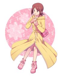 Rule 34 | 1girl, boots, brown eyes, brown hair, coat, digimon, digimon adventure -beyond-, full body, long hair, momofukki, pink boots, simple background, solo, white background, yagami hikari, yellow coat