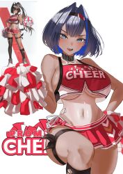 1girl absurdres alternate_costume bandaid_on_stomach bare_shoulders bay_(nikke) bay_(nikke)_(cosplay) black_socks blue_eyes blue_hair blush breasts cheerleader commentary cosplay crop_top crop_top_overhang dark-skinned_female dark_skin english_commentary english_text goddess_of_victory:_nikke hair_intakes hairband hand_on_own_hip highleg highleg_panties highres holding holding_pom_poms hololive hololive_english kneehighs large_breasts looking_at_viewer miniskirt mole mole_on_breast mole_on_stomach navel one-piece_tan open_mouth otapic ouro_kronii panties panty_straps pleated_skirt pom_pom_(cheerleading) pom_poms red_skirt reference_inset short_hair side-tie_panties skirt sleeveless smile socks standing standing_on_one_leg string_panties tan tanline teeth text_background thigh_strap tongue torn_clothes torn_socks underboob underwear virtual_youtuber