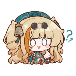 Rule 34 | 1girl, :3, ?, ??, bell, blank eyes, blonde hair, chibi, chibi only, chinese clothes, commentary, emoji, english commentary, eyewear on head, green hat, hair bell, hair ornament, hat, honkai (series), honkai impact 3rd, long hair, multicolored hair, official alternate costume, official art, orange hair, pointing, pointing at self, solo, songque, songque (jovial deception: shadowdimmer), streaked hair, sunglasses, transparent background, two side up