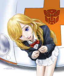 1girl autobot blonde_hair blue_eyes car character_request long_hair looking_at_viewer minerva_(transformers) motor_vehicle nakamura_jun&#039;ichi on_car open_mouth school_uniform sitting skirt smile solo transformers transformers_super-god_masterforce white_skirt