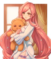 Rule 34 | 1girl, absurdres, blush, breasts, cowboy shot, dress, drill hair, drill sidelocks, green eyes, hanazono hahari, highres, hugging doll, hugging object, indoors, kimi no koto ga dai dai dai dai daisuki na 100-nin no kanojo, large breasts, long hair, mole, mole under eye, nail polish, parted hair, parted lips, pigsir13152, pink hair, pink nails, side slit, sidelocks, smile, solo, stuffed animal, stuffed lion, stuffed toy, swept bangs, very long hair, white dress