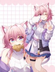 1girl absurdres animal_ear_fluff animal_ears animal_hands blue_eyes blue_skirt breasts cat_ears cat_paws commentary cowboy_shot english_commentary flower_ornament food food_in_mouth gloves gradient_clothes gradient_jacket gradient_tail hair_intakes highres honkai:_star_rail honkai_(series) jacket kemonomimi_mode kwkunai layered_skirt march_7th_(feast)_(honkai:_star_rail) march_7th_(honkai:_star_rail) medium_breasts miniskirt multiple_views off_shoulder official_alternate_costume paw_gloves paw_pose pink_eyes pink_hair pink_jacket pink_pupils pleated_skirt purple_jacket purple_tail skirt sleeveless sleeveless_turtleneck solo sweater tail taiyaki thigh_strap tongue tongue_out turtleneck turtleneck_sweater upper_body wagashi white_skirt white_sweater white_tail