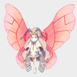Rule 34 | 1girl, absurdres, antennae, arthropod girl, barefoot, brown hair, bug, closed eyes, facing viewer, full body, fur trim, highres, insect, insect girl, insect wings, long hair, moth, moth girl, moth wings, original, pointy ears, scrunchie, shiro shark, sidelocks, simple background, solo, very long hair, wide sleeves, wings, wrist scrunchie