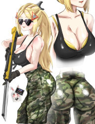 Rule 34 | 2girls, animal ears, artist name, ass, ass focus, black leotard, black tank top, blonde hair, bra, breast focus, breasts, cleavage, collarbone, english text, eyebrows hidden by hair, fake animal ears, gun, hair ornament, high-waist pants, holding, holding gun, holding sign, holding weapon, large breasts, leotard, military uniform, multiple girls, open mouth, original, pants, playboy bunny, rabbit ears, red eyes, sign, smile, sunglasses, tank top, trigger (zenless zone zero), underwear, weapon, white hair, yellow bra, yoru no kage88, zenless zone zero