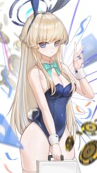 1girl absurdres blonde_hair blue_archive blue_eyes blue_halo blue_leotard breasts cleavage closed_mouth halo highres holding holding_suitcase large_breasts leotard long_hair playboy_bunny shale solo suitcase toki_(blue_archive) toki_(bunny)_(blue_archive)