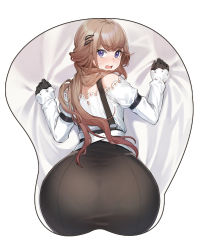 Rule 34 | 1girl, absurdres, armband, ass, ass mousepad, bed sheet, black gloves, black skirt, blush, brown hair, controlline3, counter:side, crossed bangs, from behind, gloves, gradient hair, hair ornament, hair spread out, hairclip, hands up, highres, korean commentary, long hair, long sleeves, looking at viewer, looking back, mousepad (medium), multicolored hair, nicole primer, o-ring, off-shoulder shirt, off shoulder, open mouth, pantylines, purple eyes, sheet grab, shirt, shirt tucked in, simple background, skirt, solo, suspenders, sweatdrop, top-down bottom-up, white background, white shirt