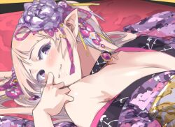 1boy armpit_crease bare_shoulders black_choker blush breasts choker cleavage commentary elf finger_on_cheek flat_chest floral_print floral_print_kimono flower grin hair_flower hair_ornament hand_on_own_face ito_ryo japanese_clothes kimono long_hair looking_at_viewer lying male_focus official_alternate_costume on_back pointy_ears princess_connect! print_kimono puffy_chest purple_eyes purple_flower purple_kimono rug single_bare_shoulder smile tassel tassel_hair_ornament trap upper_body yuki_(oedo)_(princess_connect!) yuki_(princess_connect!)