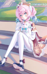 Rule 34 | 1girl, absurdres, aqua eyes, aqua hair, bow, breasts, dress, drill hair, gradient hair, hat, highres, honkai: star rail, honkai (series), hyacine (honkai: star rail), lala 2080, little ica (honkai: star rail), long hair, looking at viewer, medium hair, multicolored hair, open mouth, pantyhose, pink hair, red dress, red hat, smile, solo, twintails, two-tone hair, white pantyhose