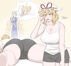2girls absurdres ass black_shorts blonde_hair blue_tabard breasts cleavage dress facepalm fox_girl fox_tail hair_between_eyes hat highres large_breasts long_hair mata_(matasoup) medium_hair mob_cap multiple_girls multiple_tails shorts sleeping sleepy tabard tail tank_top thighs touhou white_dress white_tank_top yakumo_ran yakumo_yukari yellow_background yellow_eyes