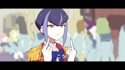 Rule 34 | 6+girls, aikatsu! (series), aikatsu stars!, bad id, bad twitter id, blurry, blurry background, double middle finger, epaulettes, green eyes, jacket, letterboxed, middle finger, multicolored hair, multiple girls, purple hair, red jacket, s4 uniform, shiontaso, short hair, solo focus, streaked hair, translation request, upper body, yachigusa momoko
