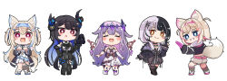 5girls :d :o animal animal_ear_fluff animal_ears animal_on_hand asymmetrical_horns belt belt_buckle bird black_dress black_footwear black_gloves black_hair black_jacket black_pantyhose black_skirt black_thighhighs black_vest blue_belt blue_eyes blue_hair blue_hairband blush_stickers boots breasts brown_eyes buckle chibi cleavage closed_eyes closed_mouth commentary cropped_jacket dog_ears dog_girl dog_tail dress fake_horns fang fishnet_socks fishnet_thighhighs fishnets frilled_shorts frills fur-trimmed_jacket fur_trim fuwawa_abyssgard fuwawa_abyssgard_(1st_costume) gloves grey_hair grin hair_between_eyes hair_ornament hairband highres holoadvent hololive hololive_english horns jacket koseki_bijou koseki_bijou_(1st_costume) lace-up_boots light_brown_hair long_sleeves medium_breasts mococo_abyssgard mococo_abyssgard_(1st_costume) mole mole_under_eye multicolored_hair multiple_girls nerissa_ravencroft nerissa_ravencroft_(1st_costume) open_mouth pantyhose parted_lips pink_belt pink_hair pink_hairband pleated_skirt purple_eyes rutorifuki shiori_novella shiori_novella_(1st_costume) shirt shoes shorts siblings simple_background single_leg_pantyhose single_thighhigh sisters skirt sleeves_past_wrists smile socks streaked_hair tail thighhighs twins two-tone_hair vest virtual_youtuber white_background white_dress white_footwear white_shirt white_shorts white_skirt wide_sleeves x_hair_ornament