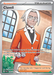 1boy arms_behind_back artist_name black_eyes black_shirt brick_wall bush card_(medium) character_name clavell_(pokemon) closed_mouth collared_jacket company_name copyright_name copyright_notice english_text facial_hair glasses goatee jacket looking_to_the_side male_focus mature_male mismatched_eyebrows nintendo official_art orange_jacket pants poke_ball pokemon pokemon_card pokemon_sv pokemon_tcg premier_ball round_eyewear sakuma_sanosuke shirt short_hair solo standing third-party_source trading_card waist_poke_ball white-framed_eyewear white_hair white_pants window