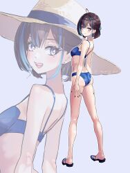 1girl absurdres ahoge ass bikini bilingual_commentary black_nails blue_bikini blue_hair breasts brown_hair closed_mouth double-parted_bangs earrings fingernails from_behind fueppu full_body grey_eyes half_updo hat highres indie_virtual_youtuber jewelry legs light_blush looking_at_viewer looking_back median_furrow mixed-language_commentary mole mole_under_eye multicolored_hair multiple_expressions open_mouth sandals short_hair simple_background small_breasts smile solo standing streaked_hair stud_earrings sun_hat swimsuit virtual_youtuber yubari_rei zoom_layer