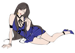Rule 34 | 1girl, bare shoulders, black hair, breasts, cleavage, commentary, crescent, crescent earrings, dress, earrings, final fantasy, final fantasy vii, final fantasy vii remake, full body, halter dress, halterneck, hand rest, high heels, highres, jewelry, large breasts, long hair, looking at viewer, mianmian741, neck ribbon, one eye closed, purple dress, purple footwear, red eyes, red lips, ribbon, short dress, simple background, sitting, smile, solo, tifa lockhart, tifa lockhart (refined dress), white background