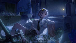 1girl black_hairband black_necktie black_skirt blue_hair blue_shirt bracelet camera car_interior collared_shirt commentary_request copyright_notice dress_shirt earrings flower hair_intakes hairband highres jewelry juliet_sleeves leaning_back long_sidelocks long_sleeves moon multiple_rings necktie night parted_bangs pleated_skirt puffy_sleeves purple_eyes re:act ring sample_watermark shirt short_hair_with_long_locks sidelocks sitting skirt sky solo star_(sky) starry_sky takubon usuwa_suu watermark white_shirt window