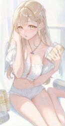 1girl absurdres adjusting_hair angel_wings beer_can blonde_hair blunt_bangs braid breasts can center_opening cleavage collarbone commentary_request cropped_shirt detached_sleeves drink_can feathered_wings fingernails frilled_shirt frilled_shorts frilled_sleeves frills highres holding holding_can jewelry kinako_(shiratama_mochi) light_blush lips long_hair looking_at_viewer medium_breasts midriff navel necklace original puffy_detached_sleeves puffy_sleeves shirt short_shorts shorts sitting solo two_side_up white_shirt white_shorts wings yellow_eyes